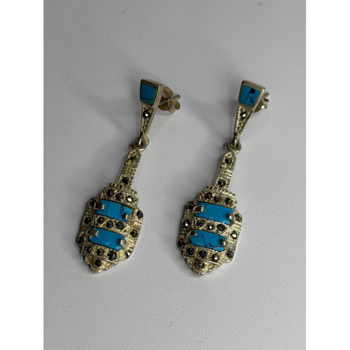 Vintage 925 Sterling Silver Turquoise & Marcasite Earrings