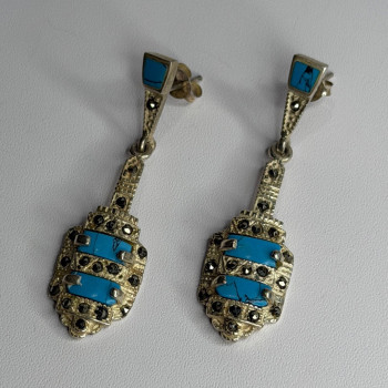 Vintage 925 Sterling Silver Turquoise & Marcasite Earrings