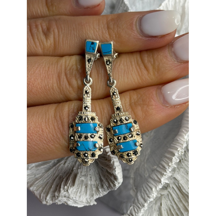 Vintage 925 Sterling Silver Turquoise & Marcasite Earrings