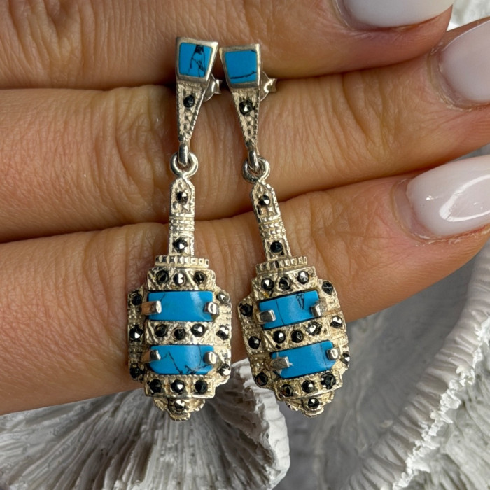 Vintage 925 Sterling Silver Turquoise & Marcasite Earrings