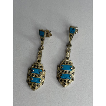 Vintage 925 Sterling Silver Turquoise & Marcasite Earrings