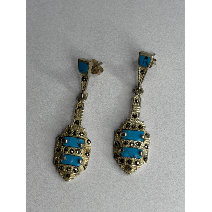 Vintage 925 Sterling Silver Turquoise & Marcasite Earrings
