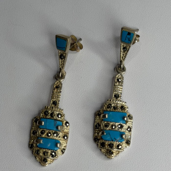 Vintage 925 Sterling Silver Turquoise & Marcasite Earrings