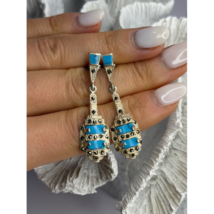 Vintage 925 Sterling Silver Turquoise & Marcasite Earrings