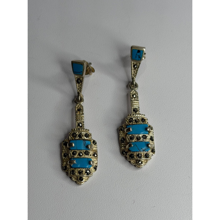 Vintage 925 Sterling Silver Turquoise & Marcasite Earrings