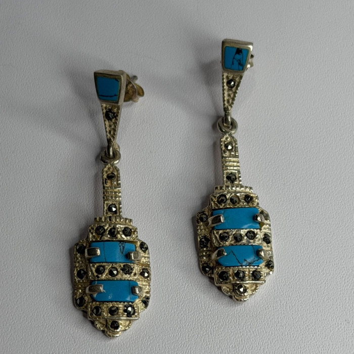 Vintage 925 Sterling Silver Turquoise & Marcasite Earrings