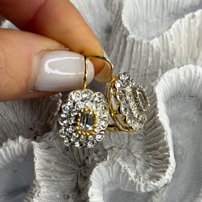 GA Italy 925 Sterling Silver Gold Plated White Topaz Earrings