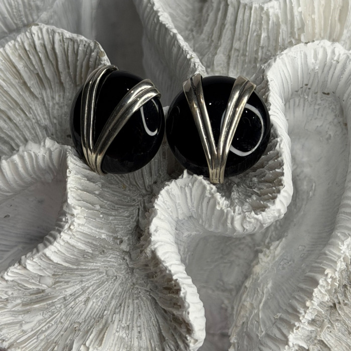 Vintage 925 Sterling Silver Black Onyx Earrings