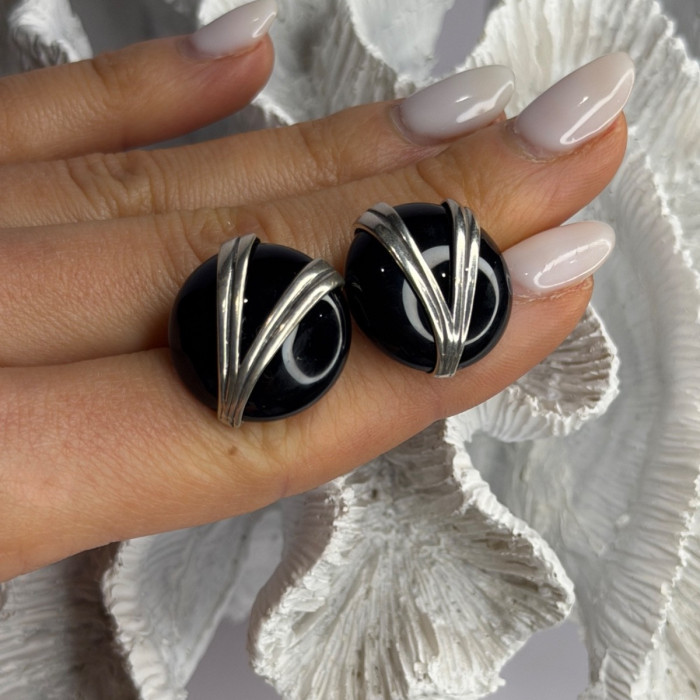 Vintage 925 Sterling Silver Black Onyx Earrings