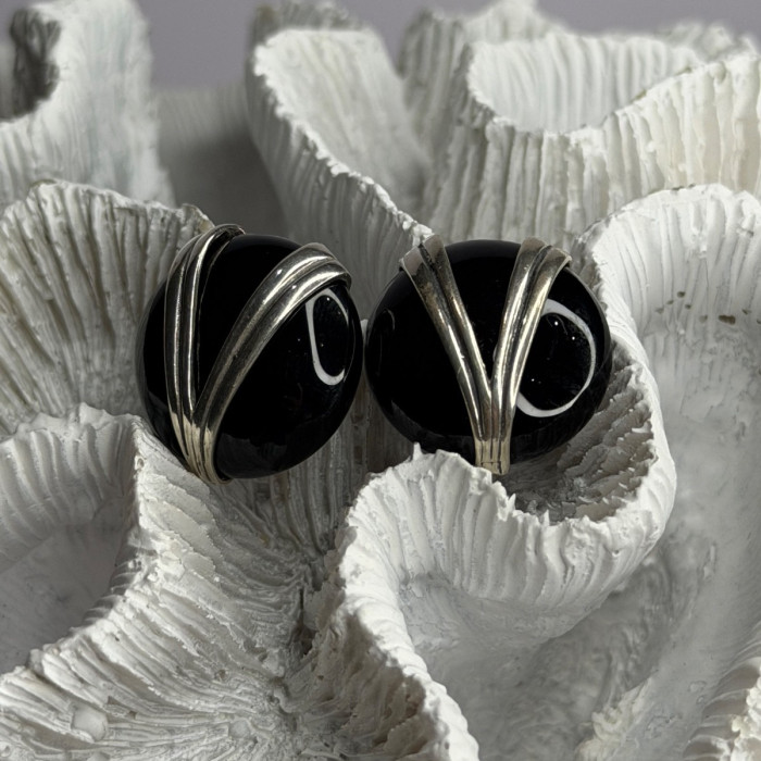 Vintage 925 Sterling Silver Black Onyx Earrings