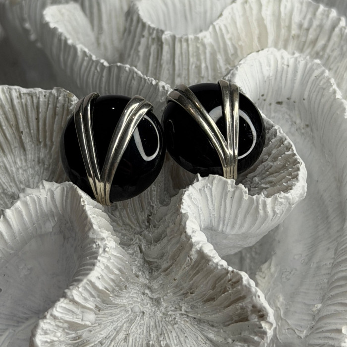Vintage 925 Sterling Silver Black Onyx Earrings