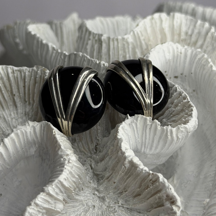 Vintage 925 Sterling Silver Black Onyx Earrings