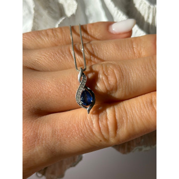 925 Sterling Silver Blue Sapphire & Quartz Necklace Length 16 in