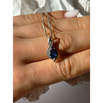925 Sterling Silver Blue Sapphire & Quartz Necklace Length 16 in