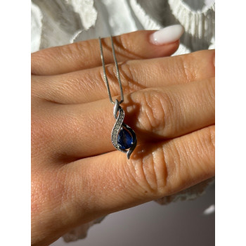 925 Sterling Silver Blue Sapphire & Quartz Necklace Length 16 in