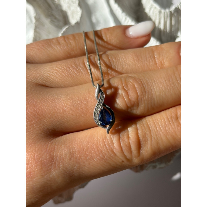 925 Sterling Silver Blue Sapphire & Quartz Necklace Length 16 in