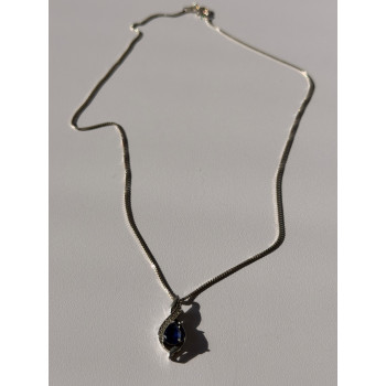 925 Sterling Silver Blue Sapphire & Quartz Necklace Length 16 in