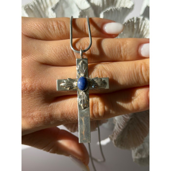 Vintage 925 Sterling Silver Sodalite Cross Necklace Length 18 in