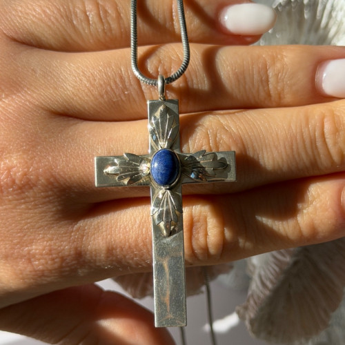 Vintage 925 Sterling Silver Sodalite Cross Necklace Length 18 in