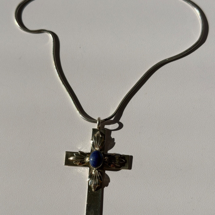 Vintage 925 Sterling Silver Sodalite Cross Necklace Length 18 in