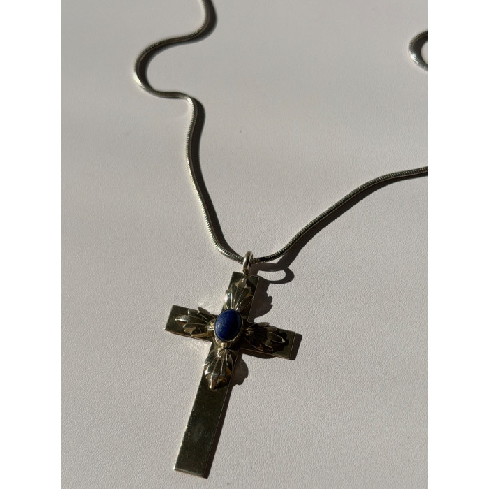 Vintage 925 Sterling Silver Sodalite Cross Necklace Length 18 in