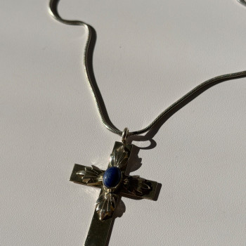 Vintage 925 Sterling Silver Sodalite Cross Necklace Length 18 in