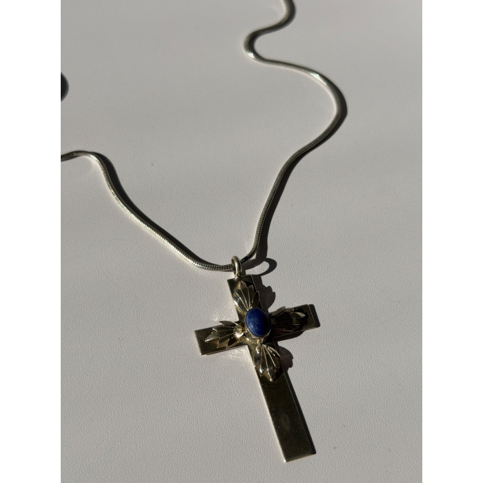 Vintage 925 Sterling Silver Sodalite Cross Necklace Length 18 in