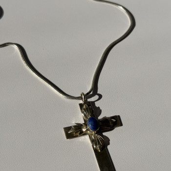 Vintage 925 Sterling Silver Sodalite Cross Necklace Length 18 in