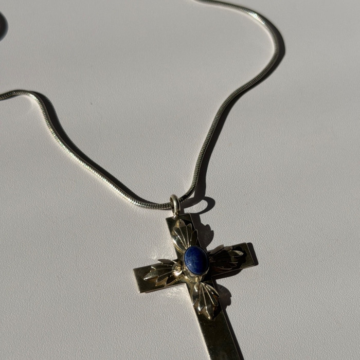 Vintage 925 Sterling Silver Sodalite Cross Necklace Length 18 in