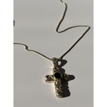 Vintage 925 Sterling Silver Black Onyx Cross Necklace Length 18 in