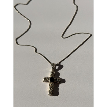 Vintage 925 Sterling Silver Black Onyx Cross Necklace Length 18 in