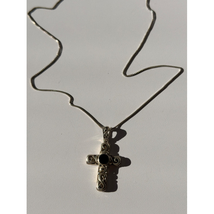 Vintage 925 Sterling Silver Black Onyx Cross Necklace Length 18 in