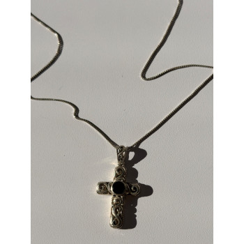 Vintage 925 Sterling Silver Black Onyx Cross Necklace Length 18 in