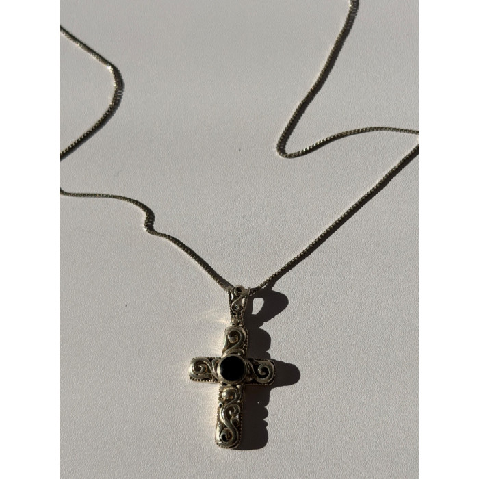 Vintage 925 Sterling Silver Black Onyx Cross Necklace Length 18 in