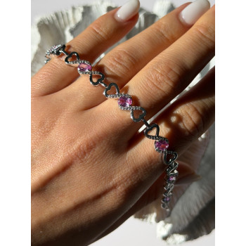 925 Sterling Silver Pink & White Spinel Heart Bracelet