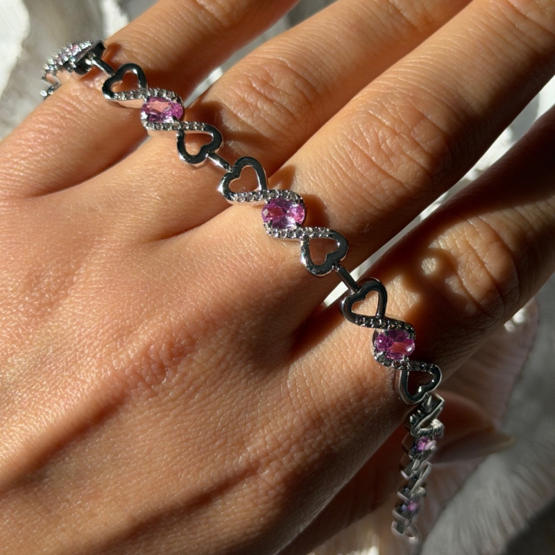 925 Sterling Silver Pink & White Spinel Heart Bracelet