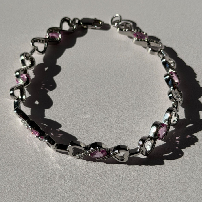 925 Sterling Silver Pink & White Spinel Heart Bracelet
