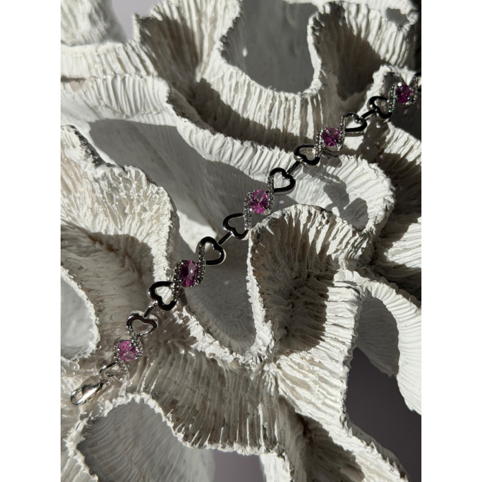 925 Sterling Silver Pink & White Spinel Heart Bracelet
