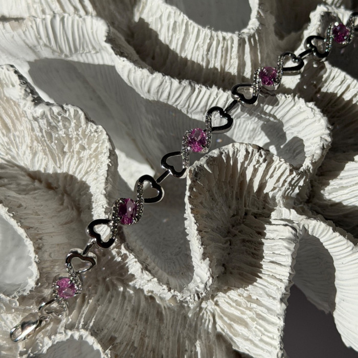 925 Sterling Silver Pink & White Spinel Heart Bracelet