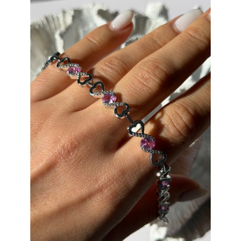 925 Sterling Silver Pink & White Spinel Heart Bracelet