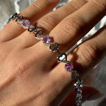 925 Sterling Silver Pink & White Spinel Heart Bracelet