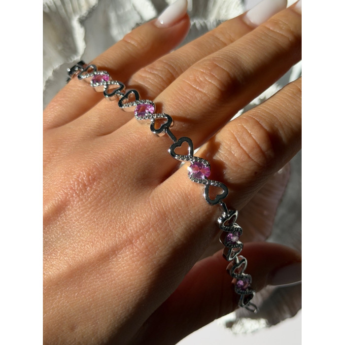 925 Sterling Silver Pink & White Spinel Heart Bracelet