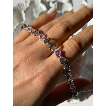 925 Sterling Silver Pink & White Spinel Heart Bracelet
