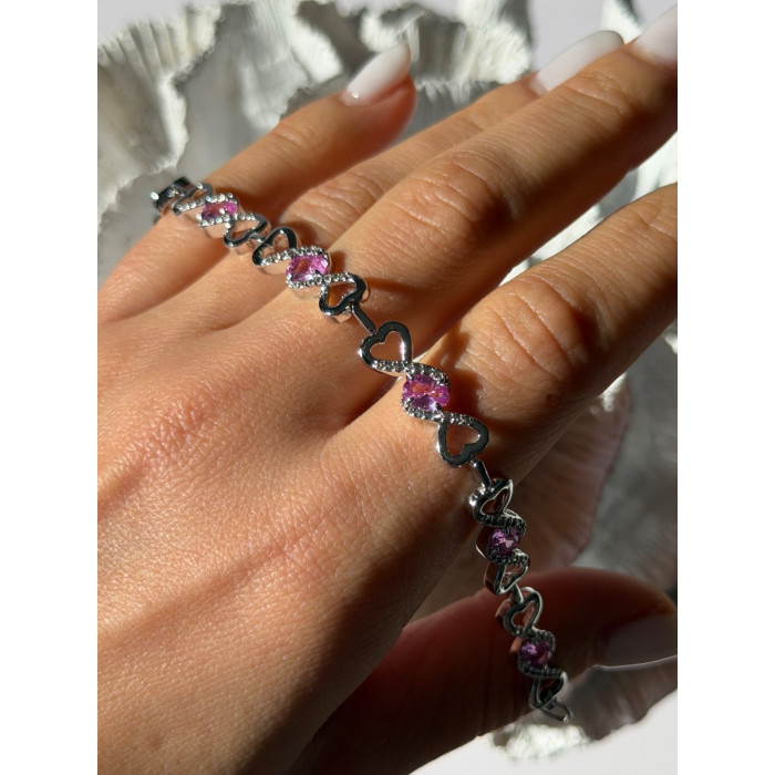 925 Sterling Silver Pink & White Spinel Heart Bracelet