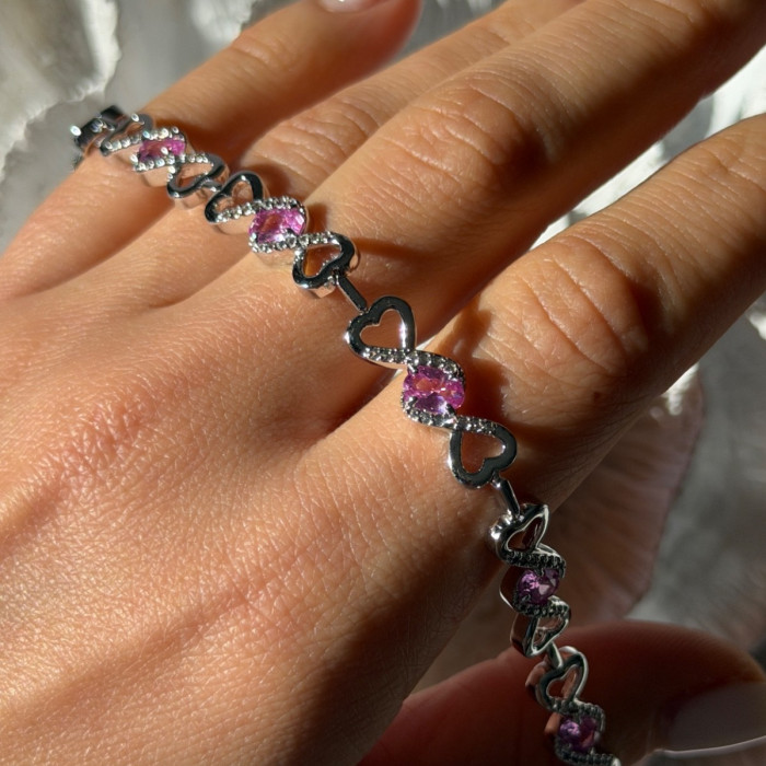 925 Sterling Silver Pink & White Spinel Heart Bracelet