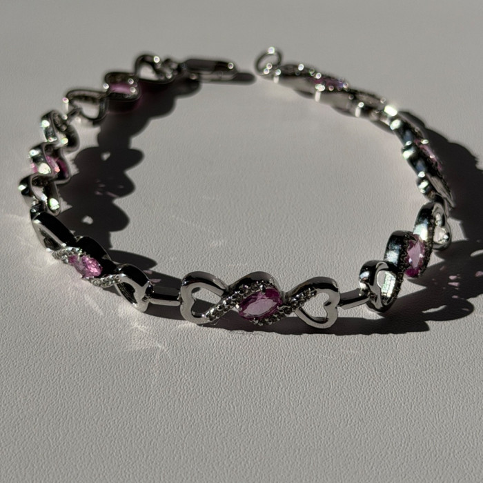 925 Sterling Silver Pink & White Spinel Heart Bracelet