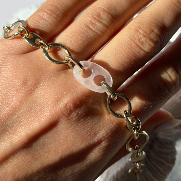 Italy 925 Sterling Silver Gold Plated Rose Quartz Bracelet