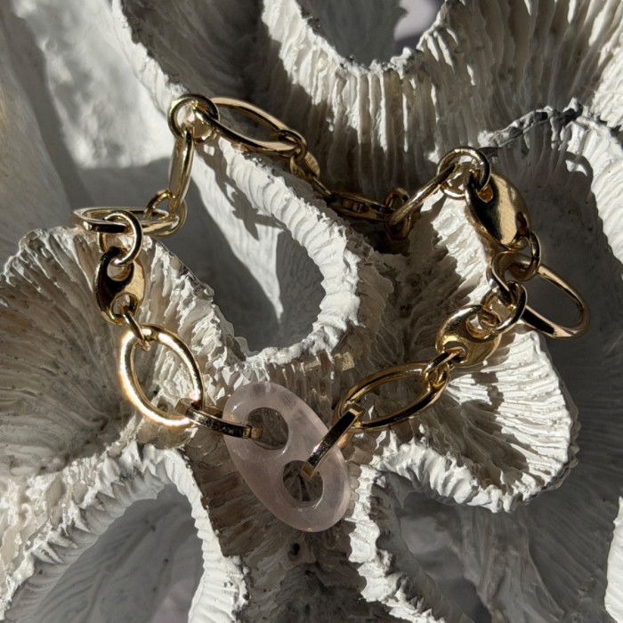 Italy 925 Sterling Silver Gold Plated Rose Quartz Bracelet