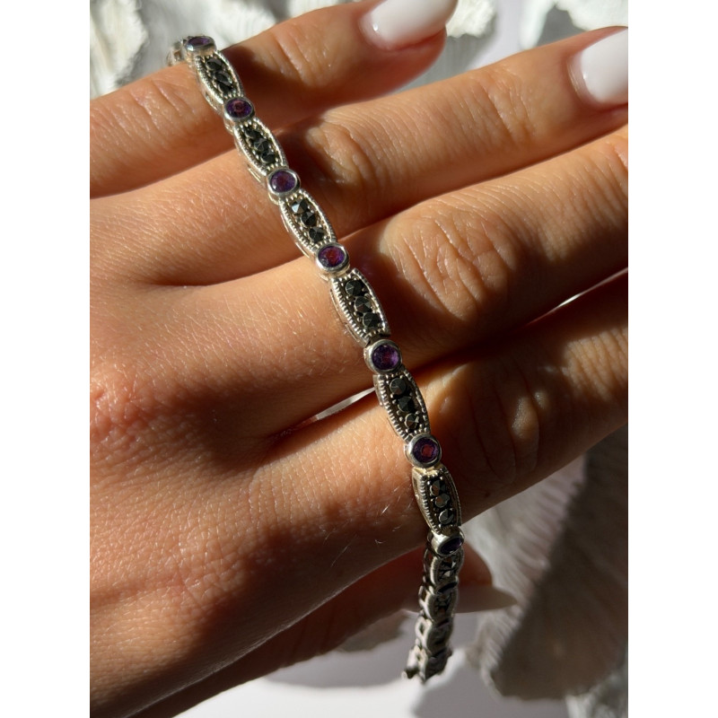 Vintage 925 Sterling Silver Amethyst & Marcasite Bracelet