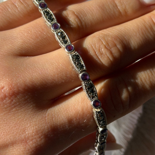 Vintage 925 Sterling Silver Amethyst & Marcasite Bracelet